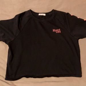 Women black short sleeve T-shirt with pink hearts graphic